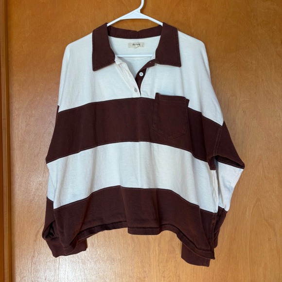 Madewell Tops - Madewell Rugby Polo Shirt Womens Large Brown Cream‎ Striped NL325 Cotton Top